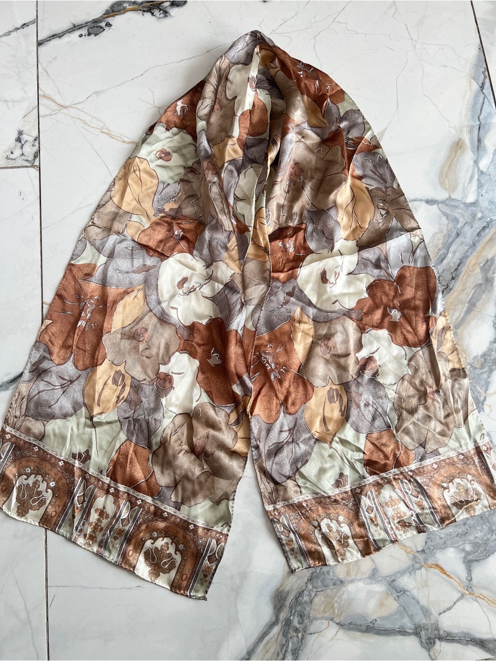 100% Silk Fall Themed Floral Print Scarf in Brown and Cream